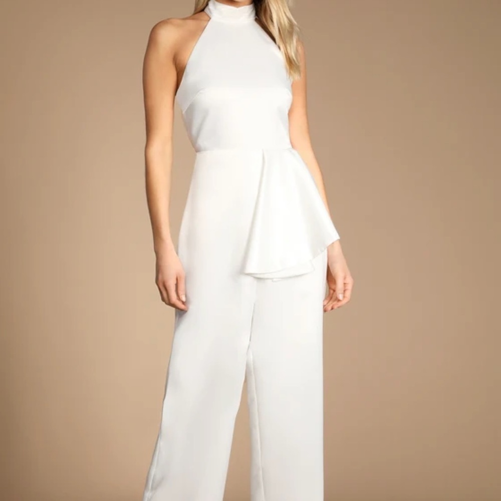 Lifetime of Romance Ivory Satin Backless Wide-Leg Jumpsuit